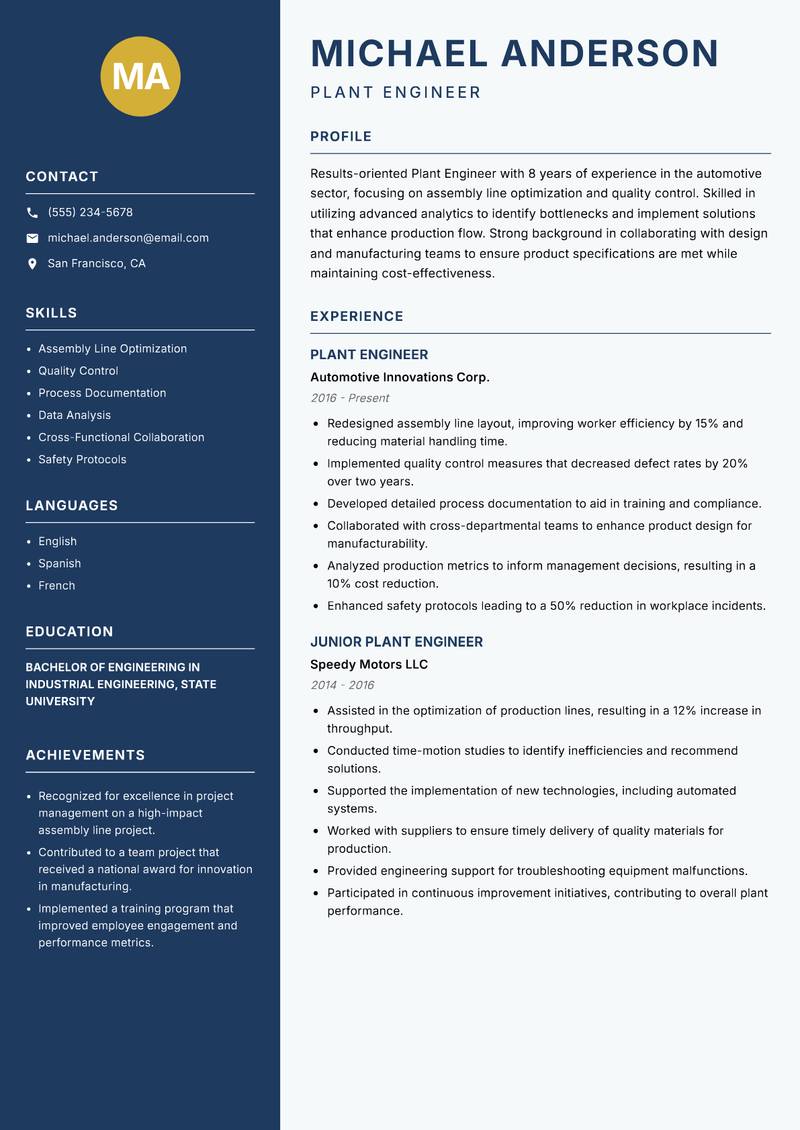 Plant Engineer resume sample — Plant Engineer focus