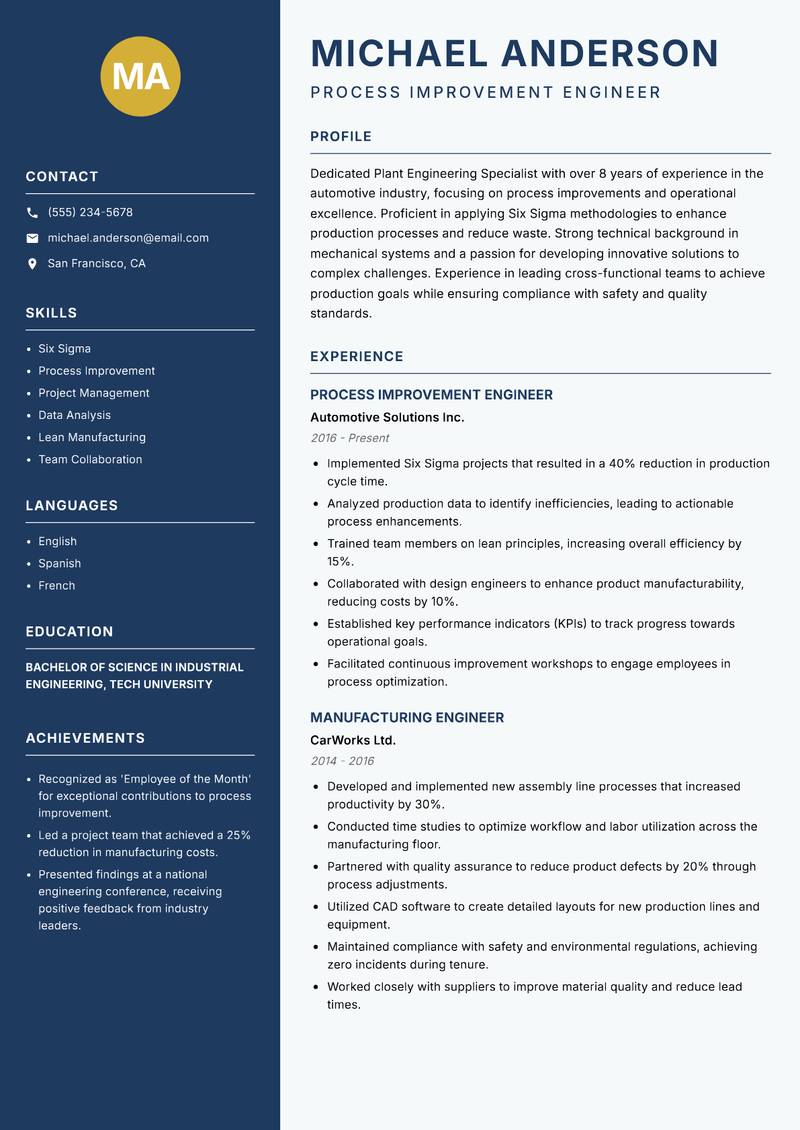 Plant Engineering Specialist resume sample — Process Improvement Engineer focus