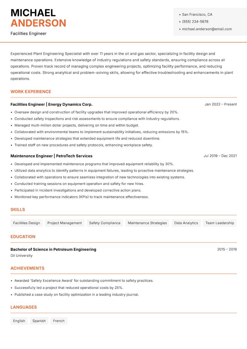 Plant Engineering Specialist resume sample — Facilities Engineer focus