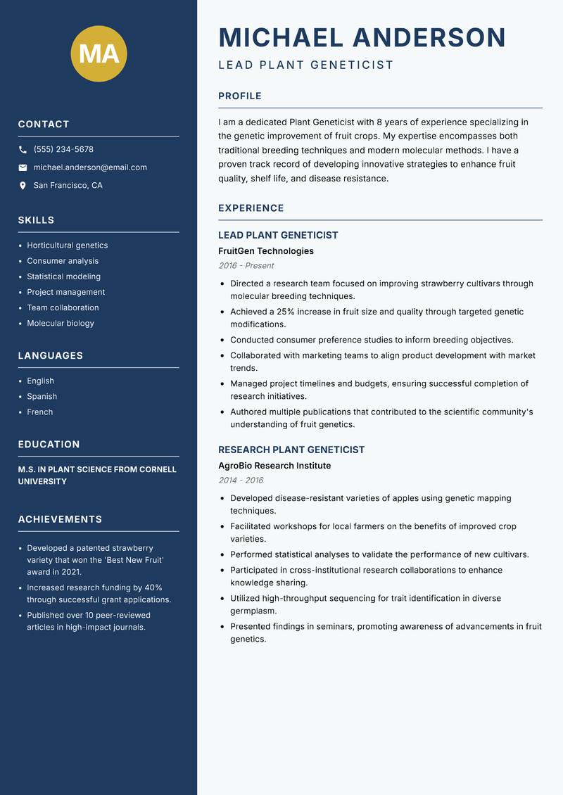 Plant Geneticist resume sample — Lead Plant Geneticist focus