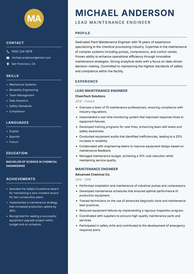 Plant Maintenance Engineer resume sample — Lead Maintenance Engineer focus