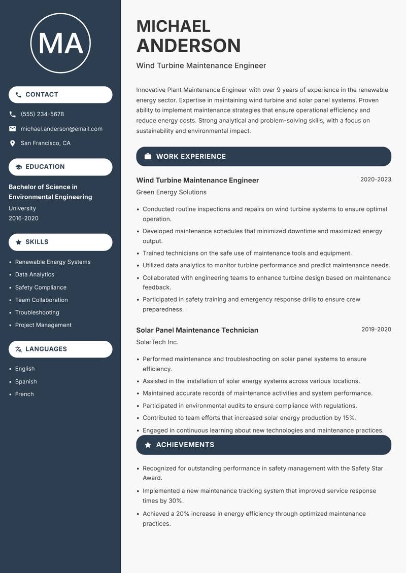Plant Maintenance Engineer resume sample — Wind Turbine Maintenance Engineer focus
