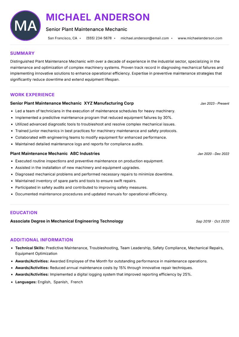 Plant Maintenance Mechanic resume example