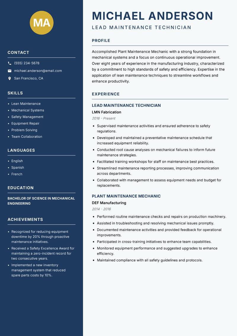 Plant Maintenance Mechanic resume sample — Lead Maintenance Technician focus