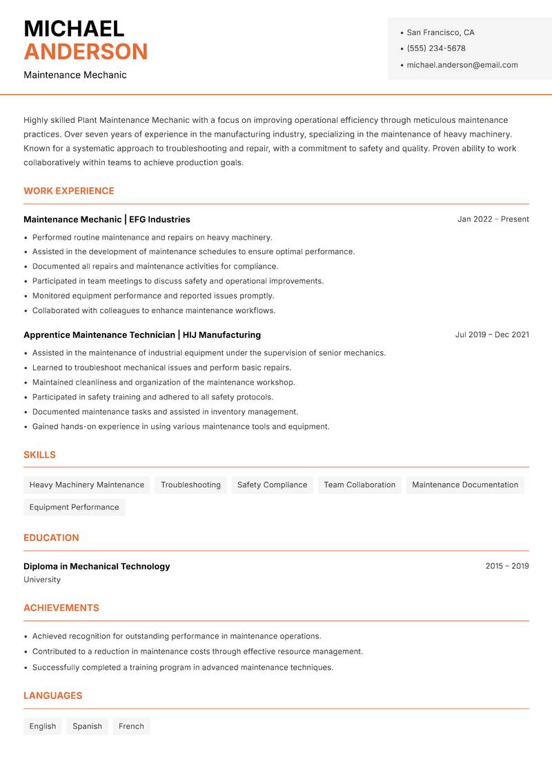 Plant Maintenance Mechanic resume sample — Maintenance Mechanic focus