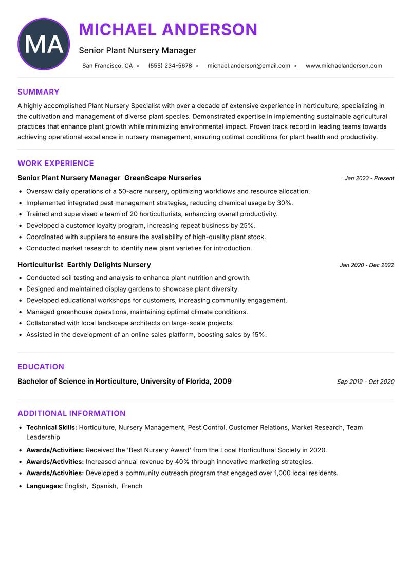 Plant Nursery Specialist resume example
