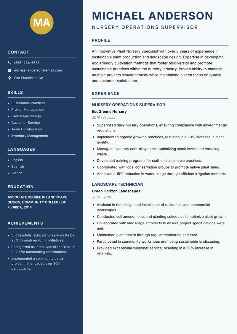 Plant Nursery Specialist resume sample — Nursery Operations Supervisor focus