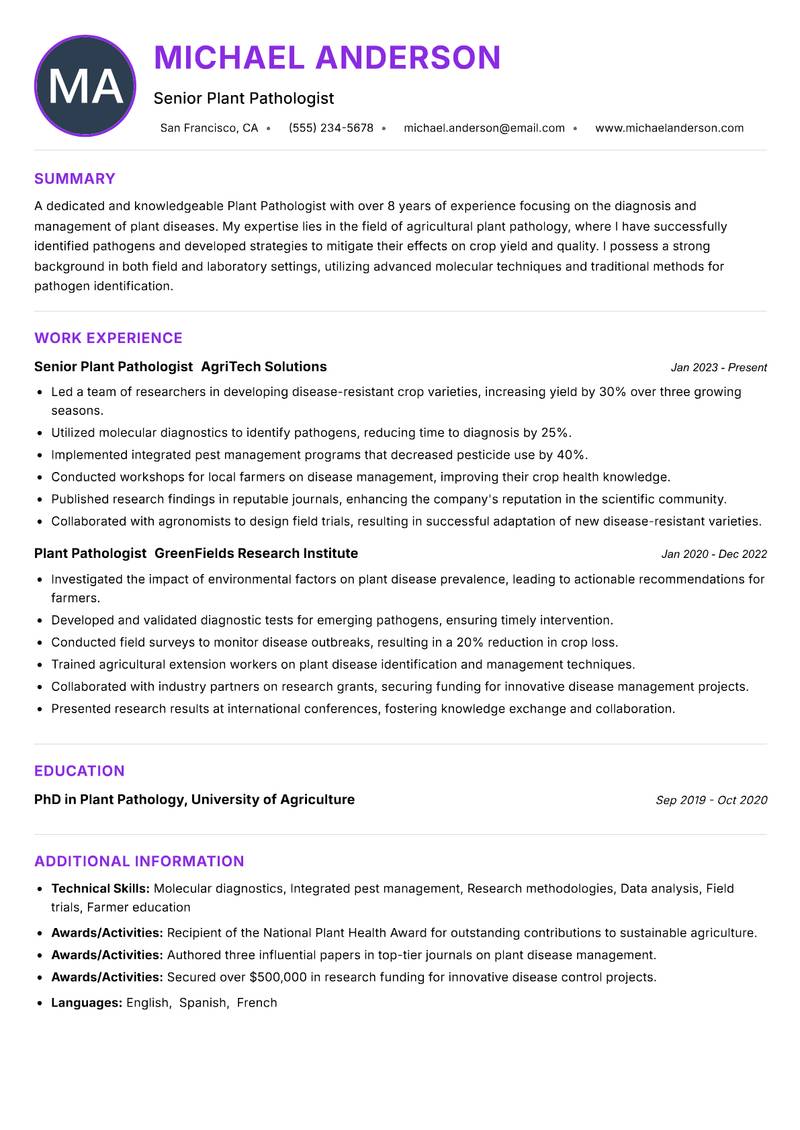 Plant Pathologist resume example