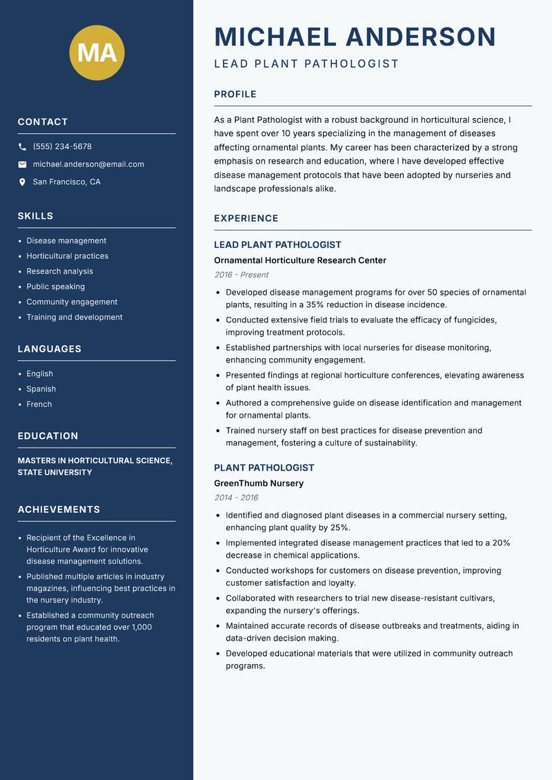 Plant Pathologist resume sample — Lead Plant Pathologist focus
