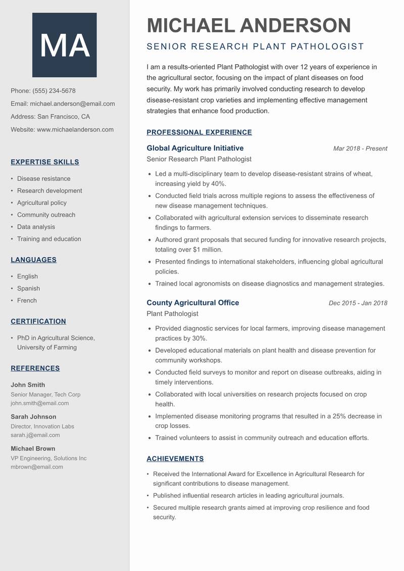 Plant Pathologist resume sample — Senior Research Plant Pathologist focus