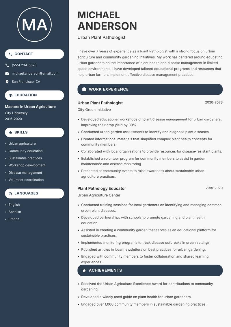 Plant Pathologist resume sample — Urban Plant Pathologist focus