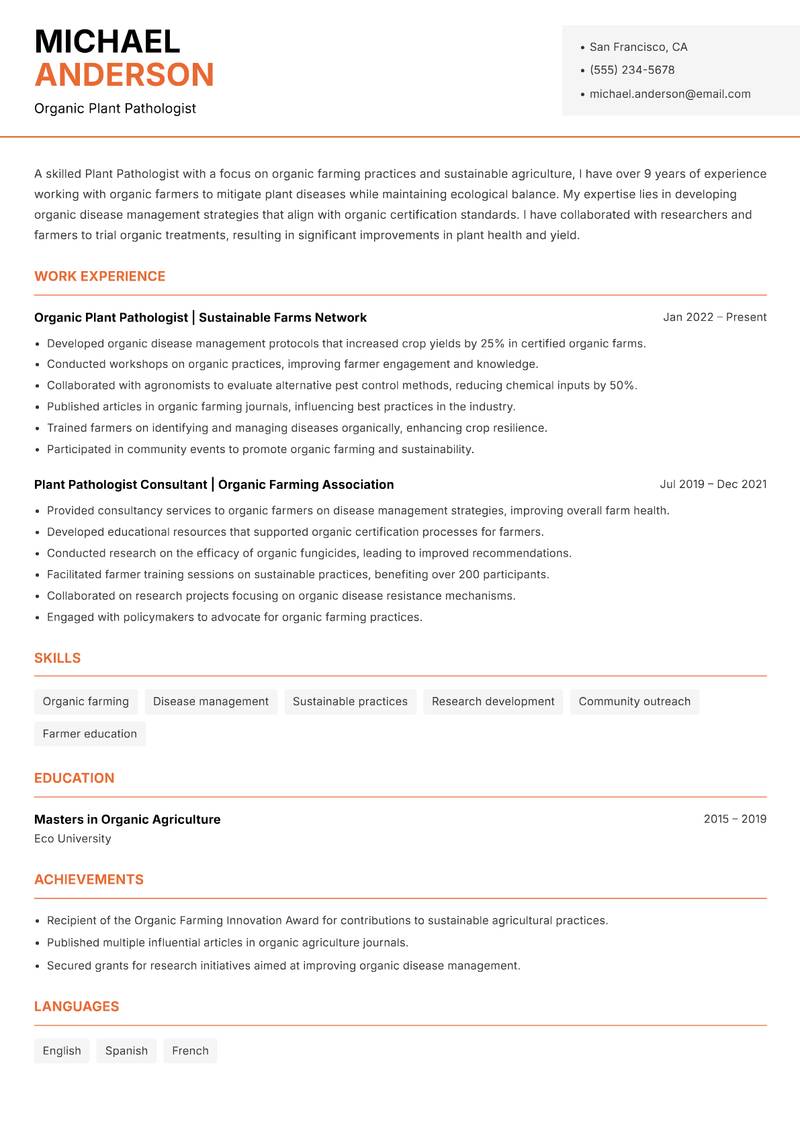 Plant Pathologist resume sample — Organic Plant Pathologist focus