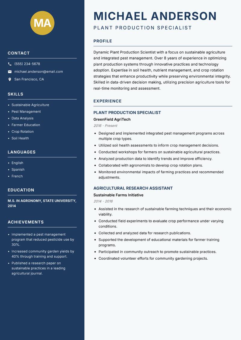 Plant Production Scientist resume sample — Plant Production Specialist focus