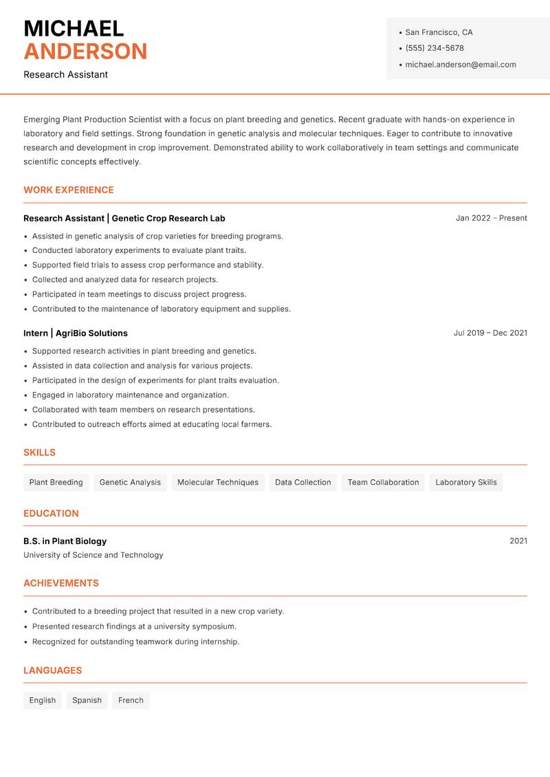 Plant Production Scientist resume sample — Research Assistant focus