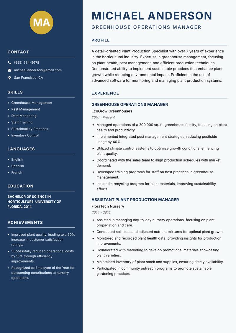 Plant Production Specialist resume sample — Greenhouse Operations Manager focus