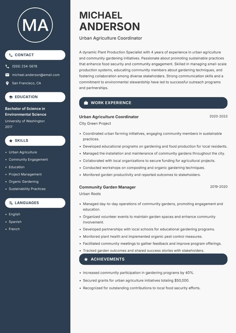 Plant Production Specialist resume sample — Urban Agriculture Coordinator focus