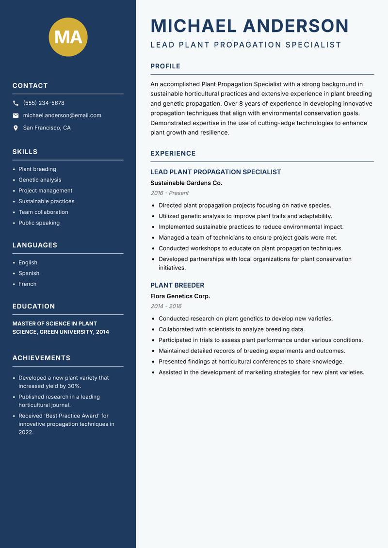 Plant Propagation Specialist resume sample — Lead Plant Propagation Specialist focus