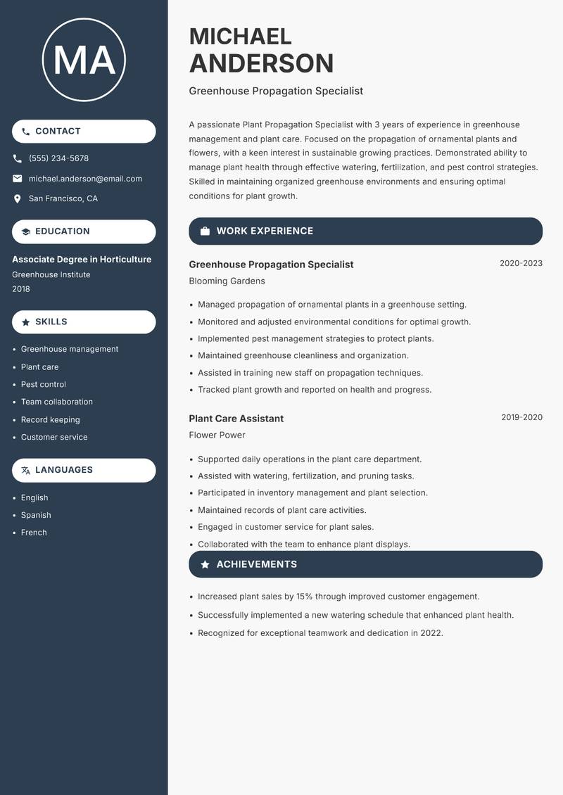 Plant Propagation Specialist resume sample — Greenhouse Propagation Specialist focus
