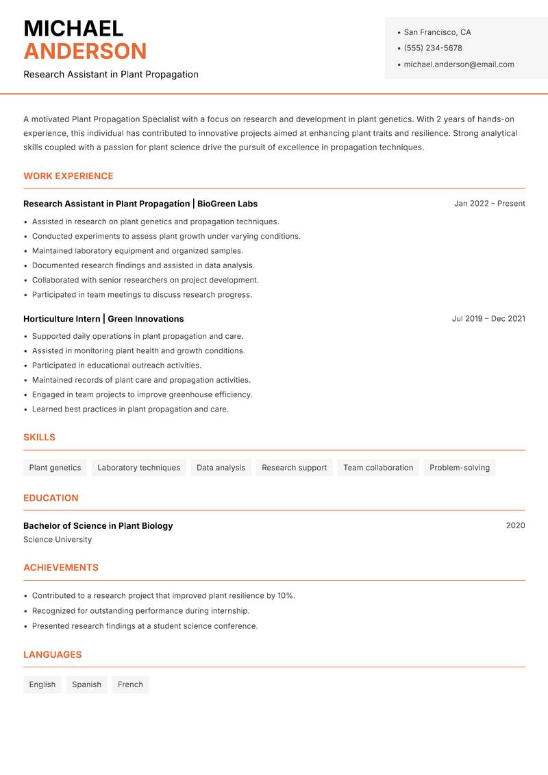 Plant Propagation Specialist resume sample — Research Assistant in Plant Propagation focus