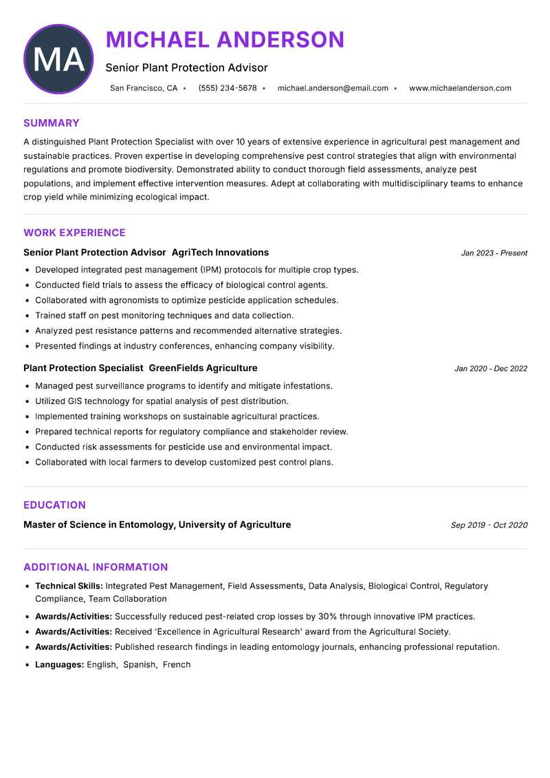 Plant Protection Specialist resume example