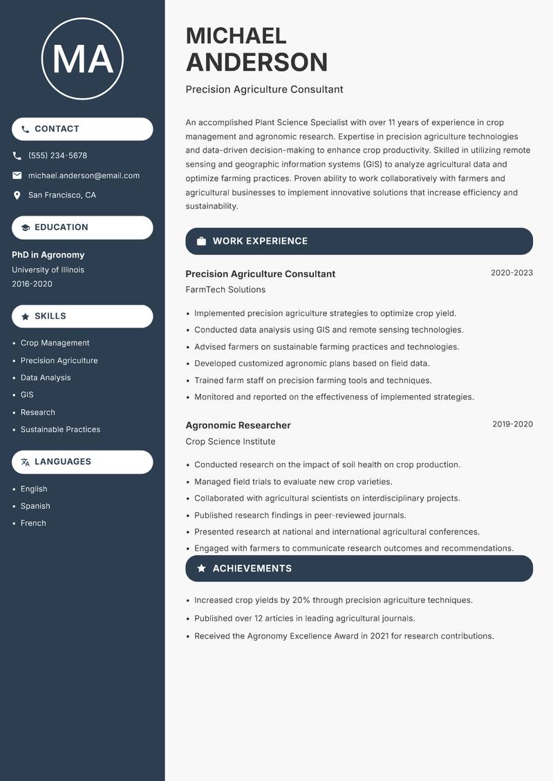 Plant Science Specialist resume sample — Precision Agriculture Consultant focus