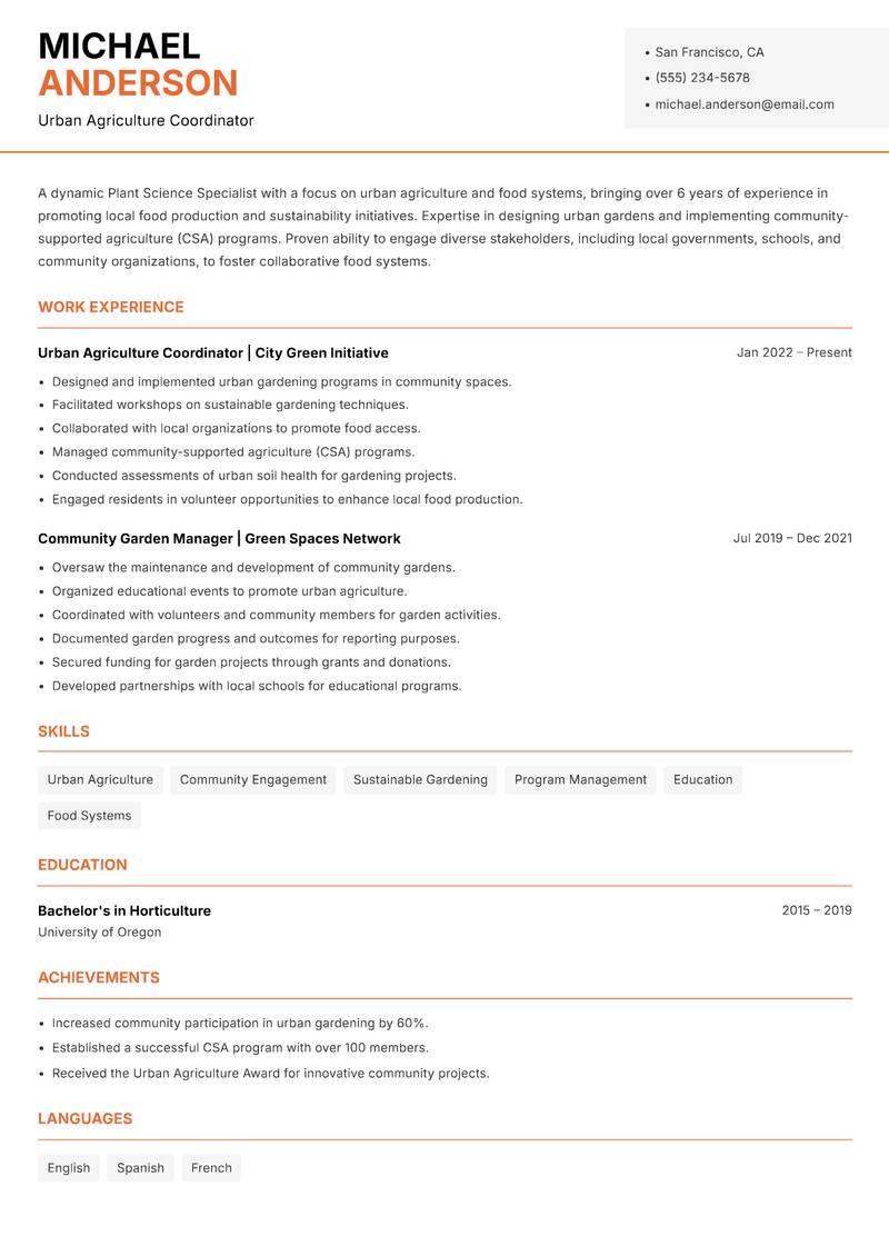 Plant Science Specialist resume sample — Urban Agriculture Coordinator focus
