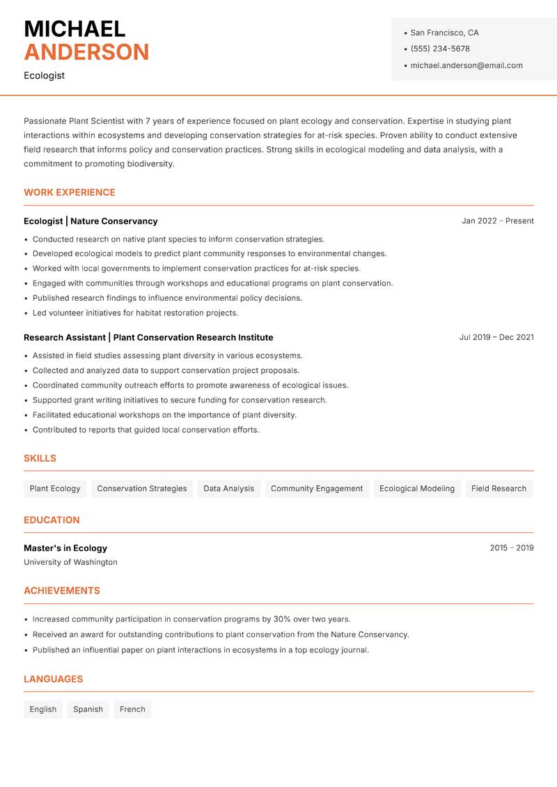 Plant Scientist resume sample — Ecologist focus