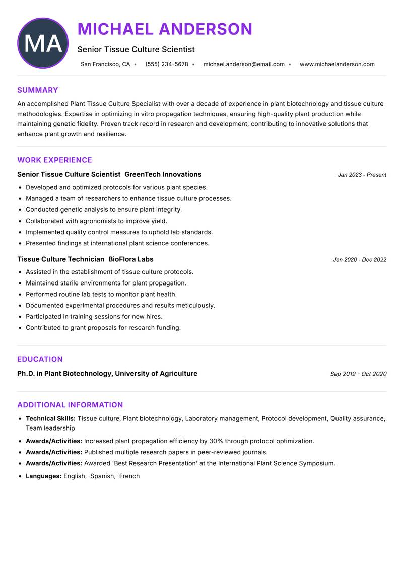 Plant Tissue Culture Specialist resume example