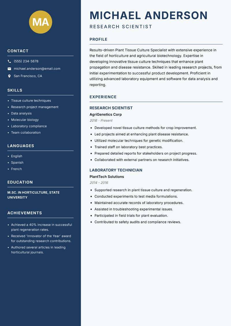 Plant Tissue Culture Specialist resume sample — Research Scientist focus