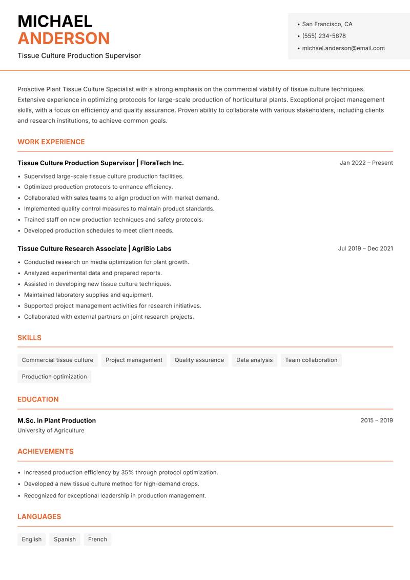 Plant Tissue Culture Specialist resume sample — Tissue Culture Production Supervisor focus