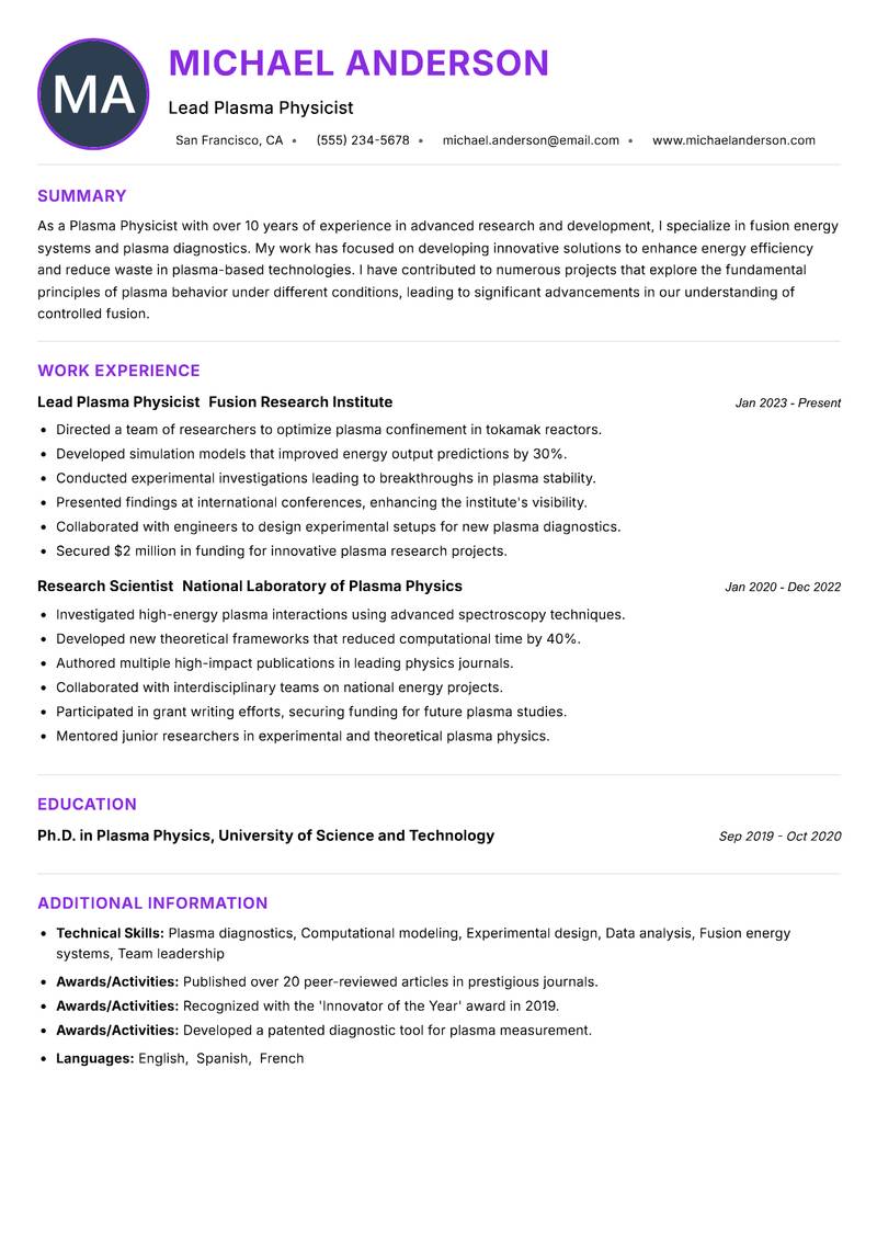 Plasma Physicist resume example