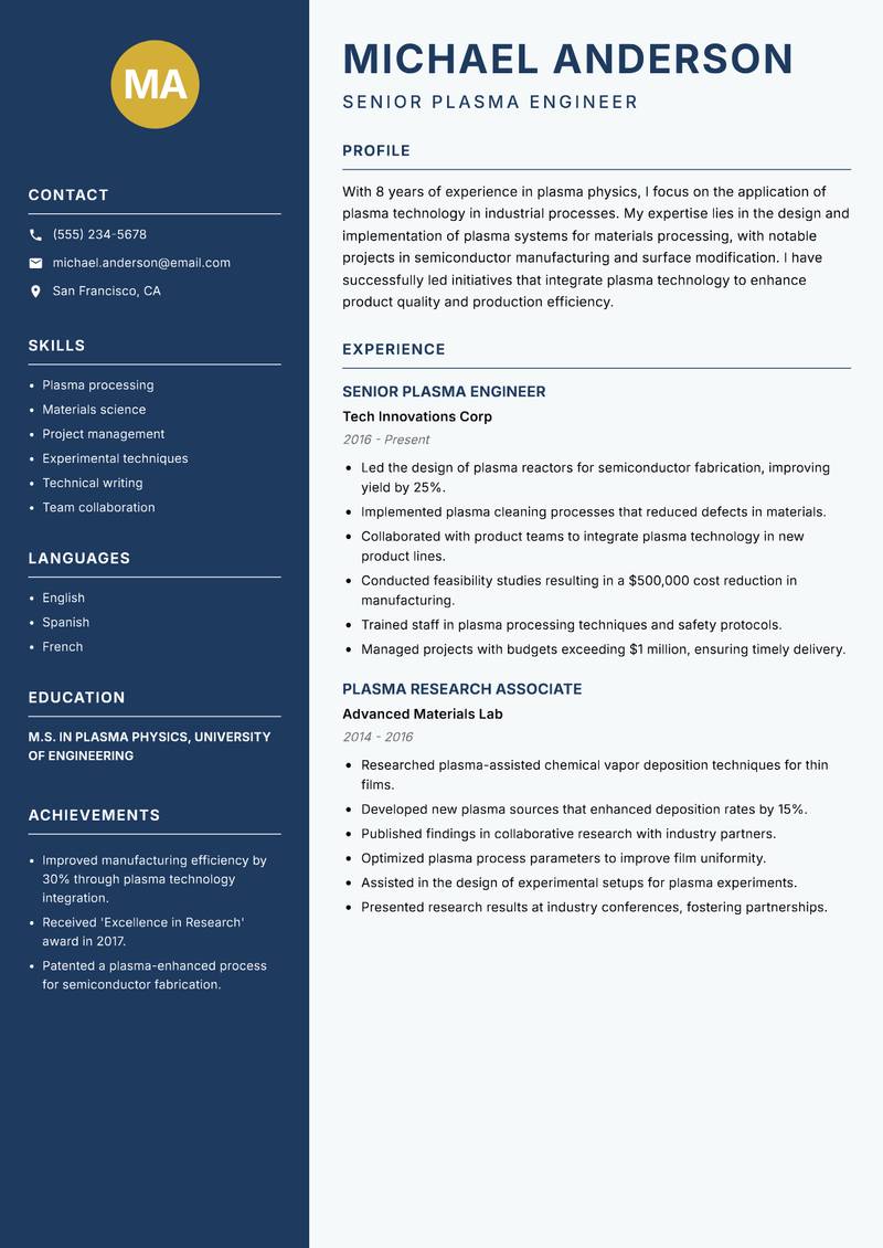 Plasma Physicist resume sample — Senior Plasma Engineer focus