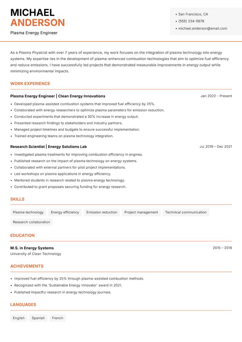 Plasma Physicist resume sample — Plasma Energy Engineer focus