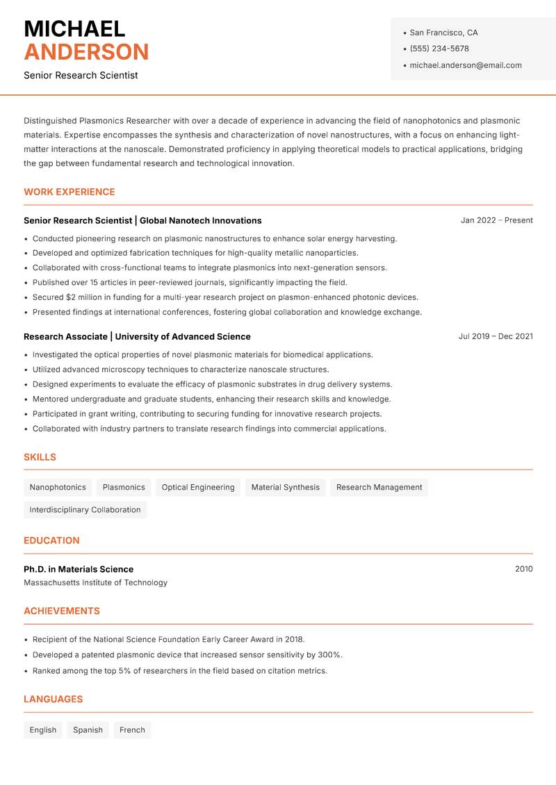 Plasmonics Researcher resume sample — Senior Research Scientist focus