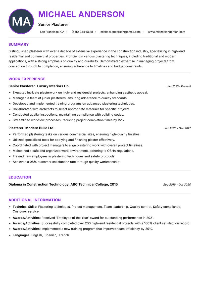 Plasterer resume example