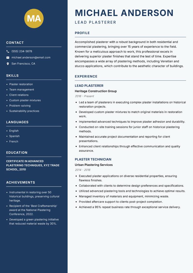 Plasterer resume sample — Lead Plasterer focus