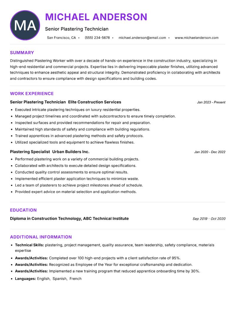 Plastering Worker resume example