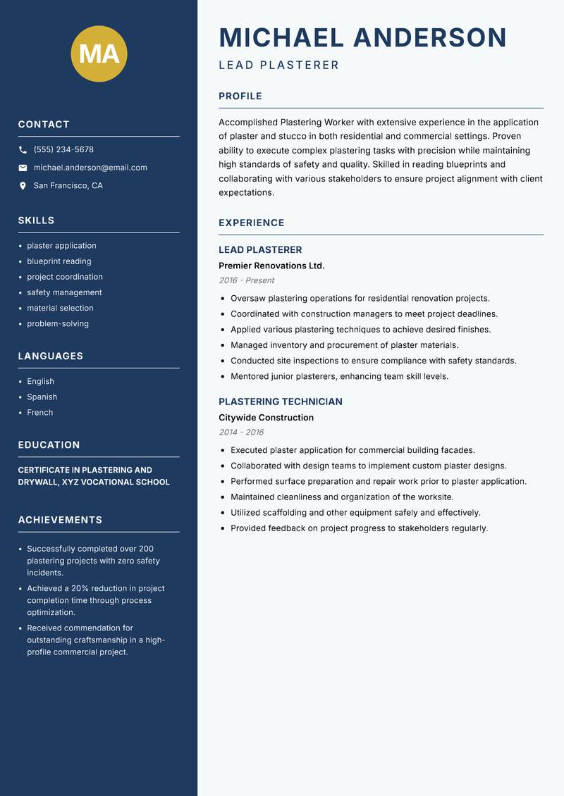 Plastering Worker resume sample — Lead Plasterer focus