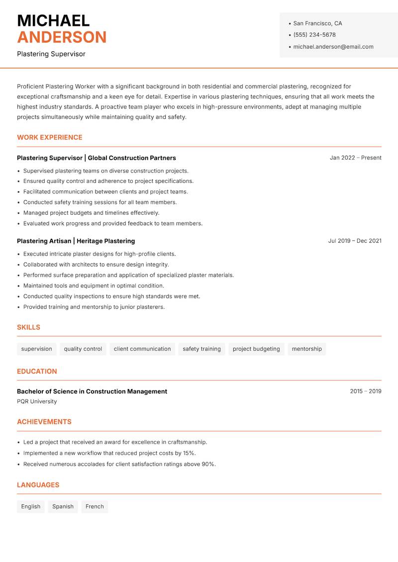 Plastering Worker resume sample — Plastering Supervisor focus