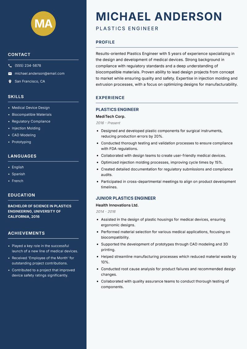 Plastics Engineer resume sample — Plastics Engineer focus