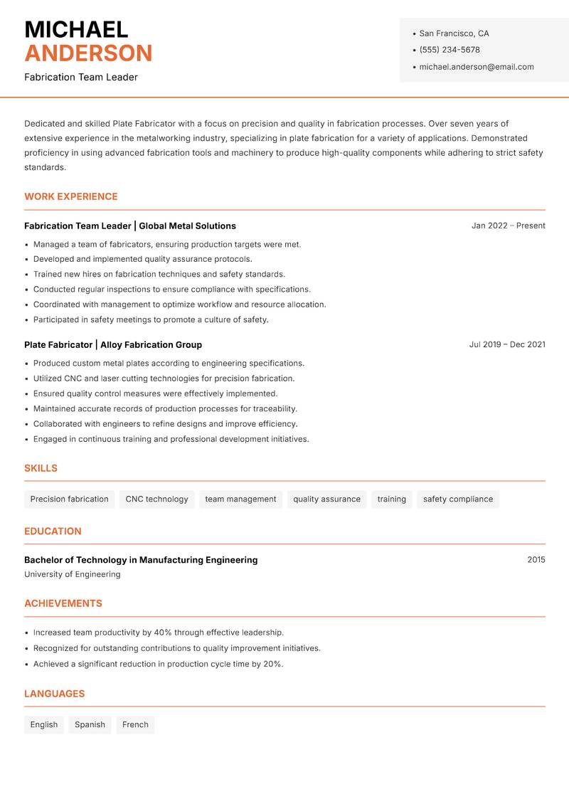 Plate Fabricator resume sample — Fabrication Team Leader focus