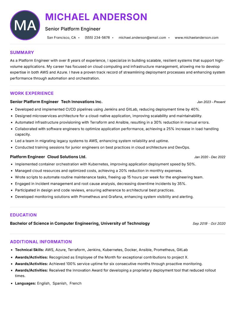 Platform Engineer resume example