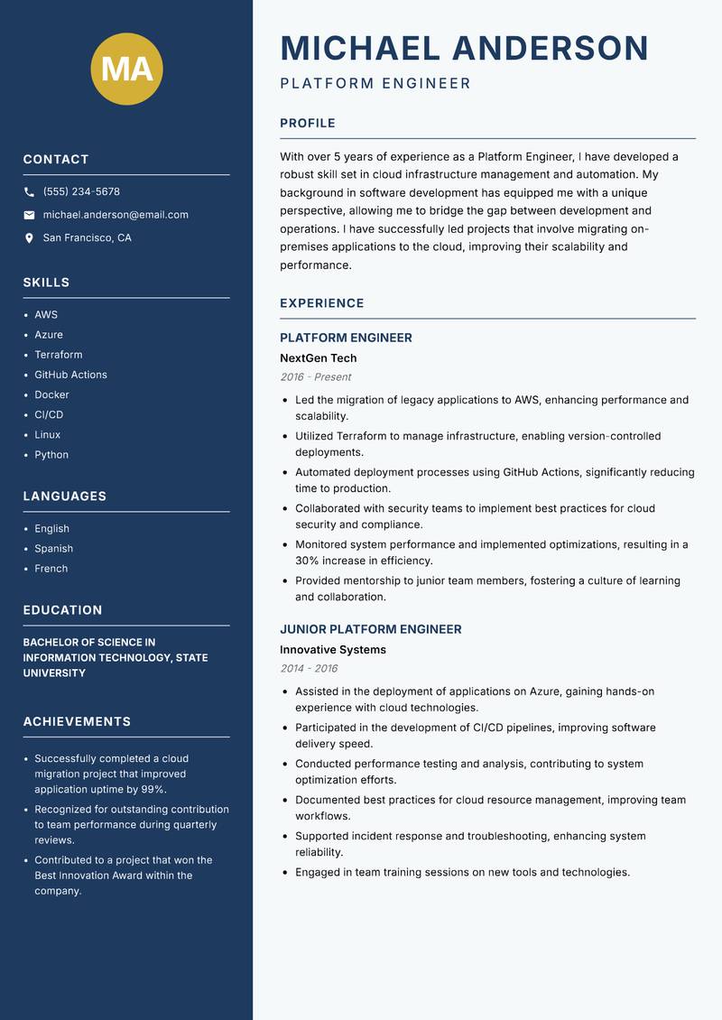 Platform Engineer resume sample — Platform Engineer focus