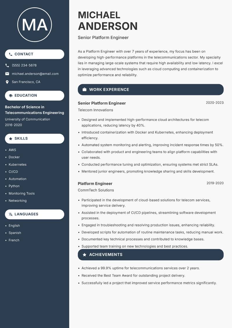 Platform Engineer resume sample — Senior Platform Engineer focus