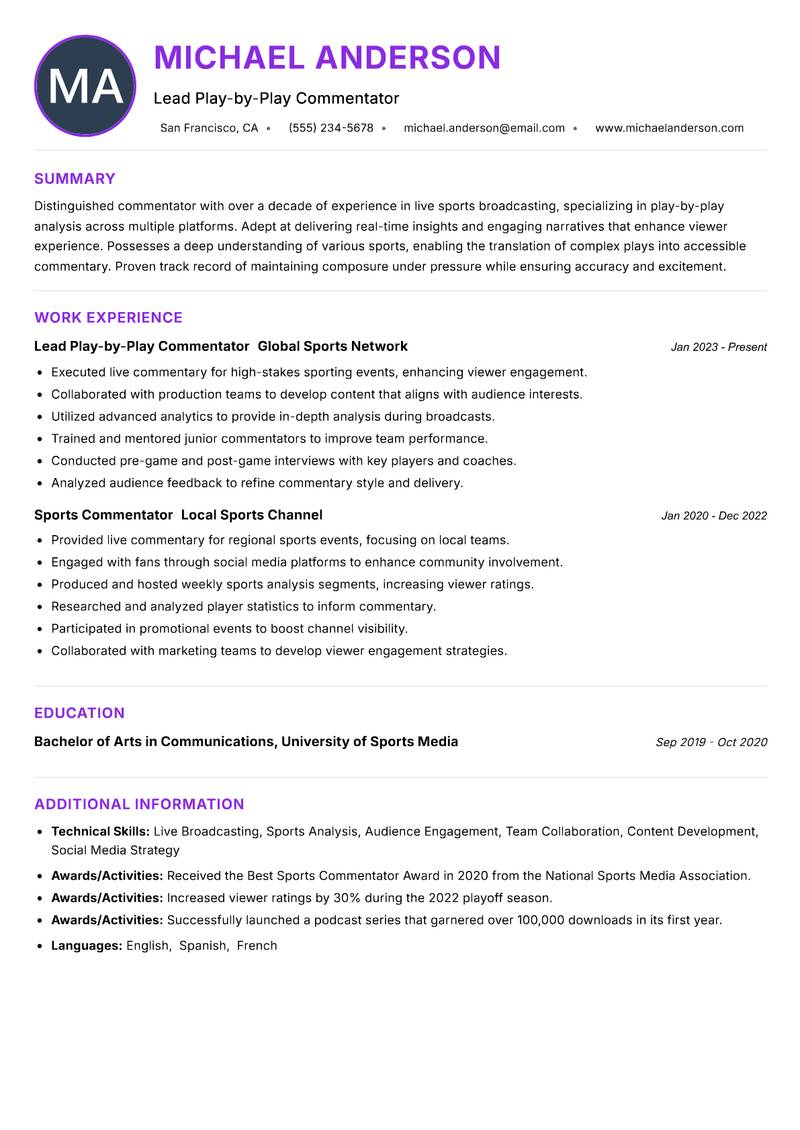 Play-by-Play Commentator resume example