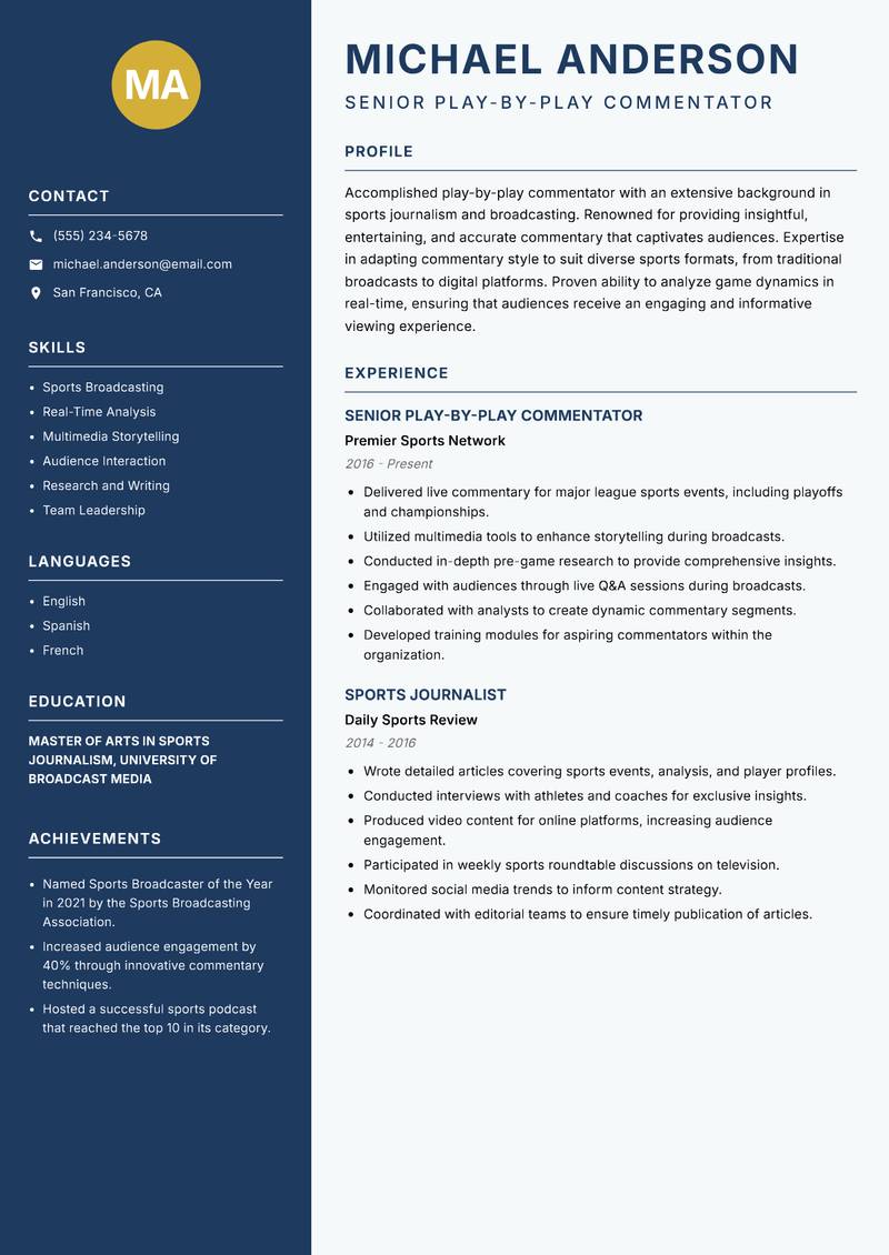 Play-by-Play Commentator resume sample — Senior Play-by-Play Commentator focus