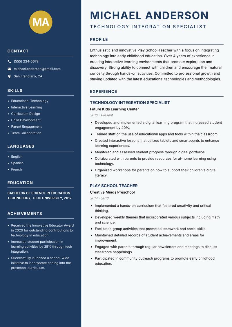 Play School Teacher resume sample — Technology Integration Specialist focus