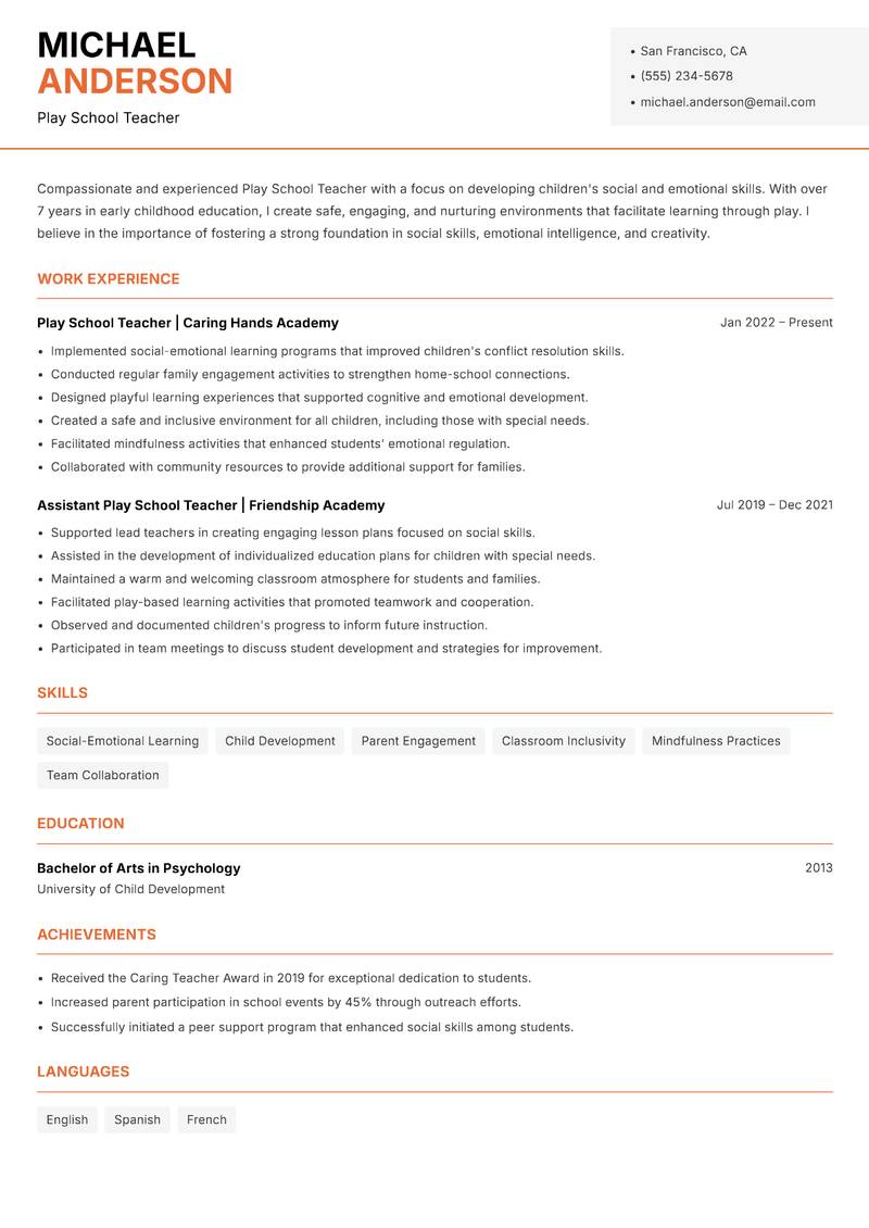 Play School Teacher resume sample — Play School Teacher focus
