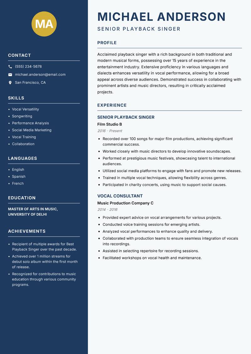 Playback Singer resume sample — Senior Playback Singer focus