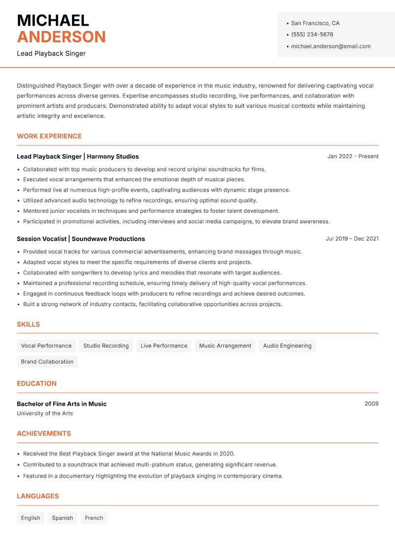 Playback Singer resume sample — Lead Playback Singer focus